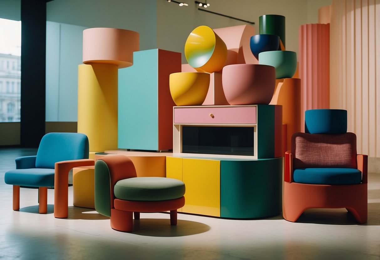 A colorful array of Ettore Sottsass furniture pieces arranged in a modern and stylish exhibition setting