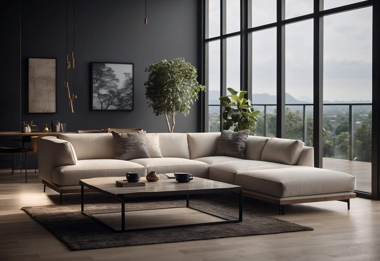 A modern living room with a sleek, comfortable sofa as the focal point, surrounded by stylish decor and ample natural light
