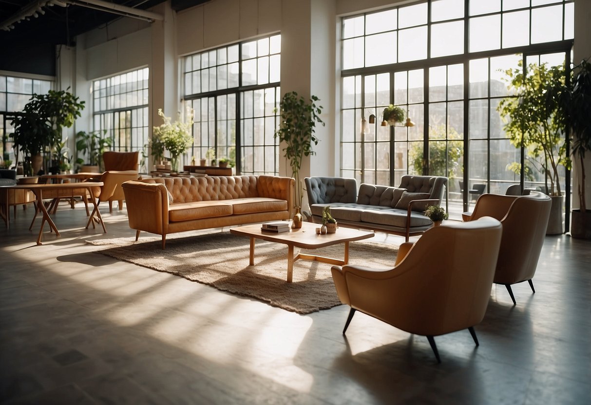 A spacious showroom filled with modern and vintage furniture. Natural light streams in through large windows, casting a warm glow on the stylish pieces displayed throughout the space