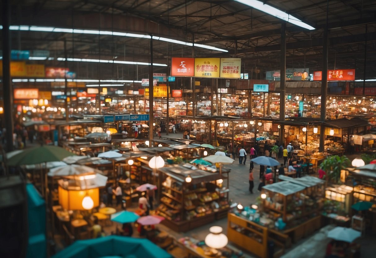 A bustling furniture market with colorful displays and signs advertising cheap prices at Tan Boon Liat building