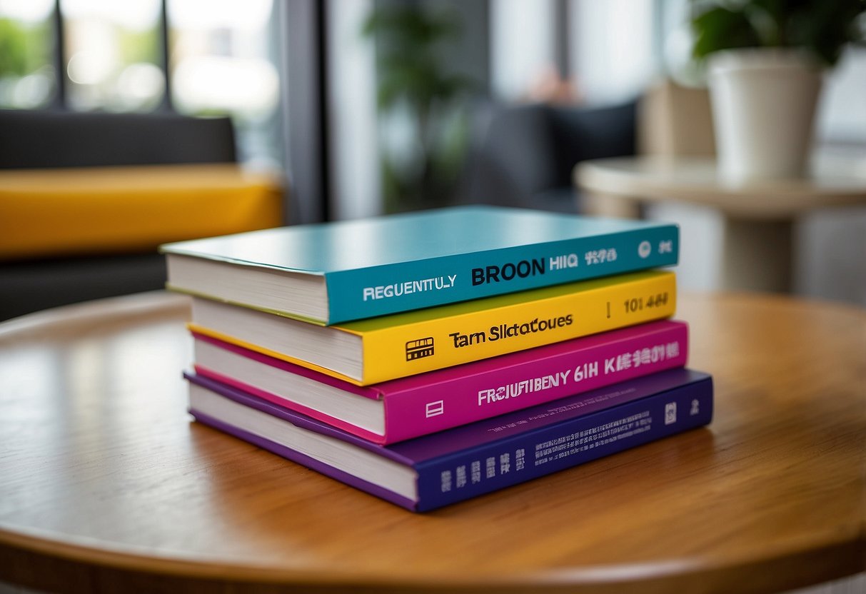 A stack of colorful furniture brochures on a sleek, modern table with a sign reading "Frequently Asked Questions" at Tan Boon Liat