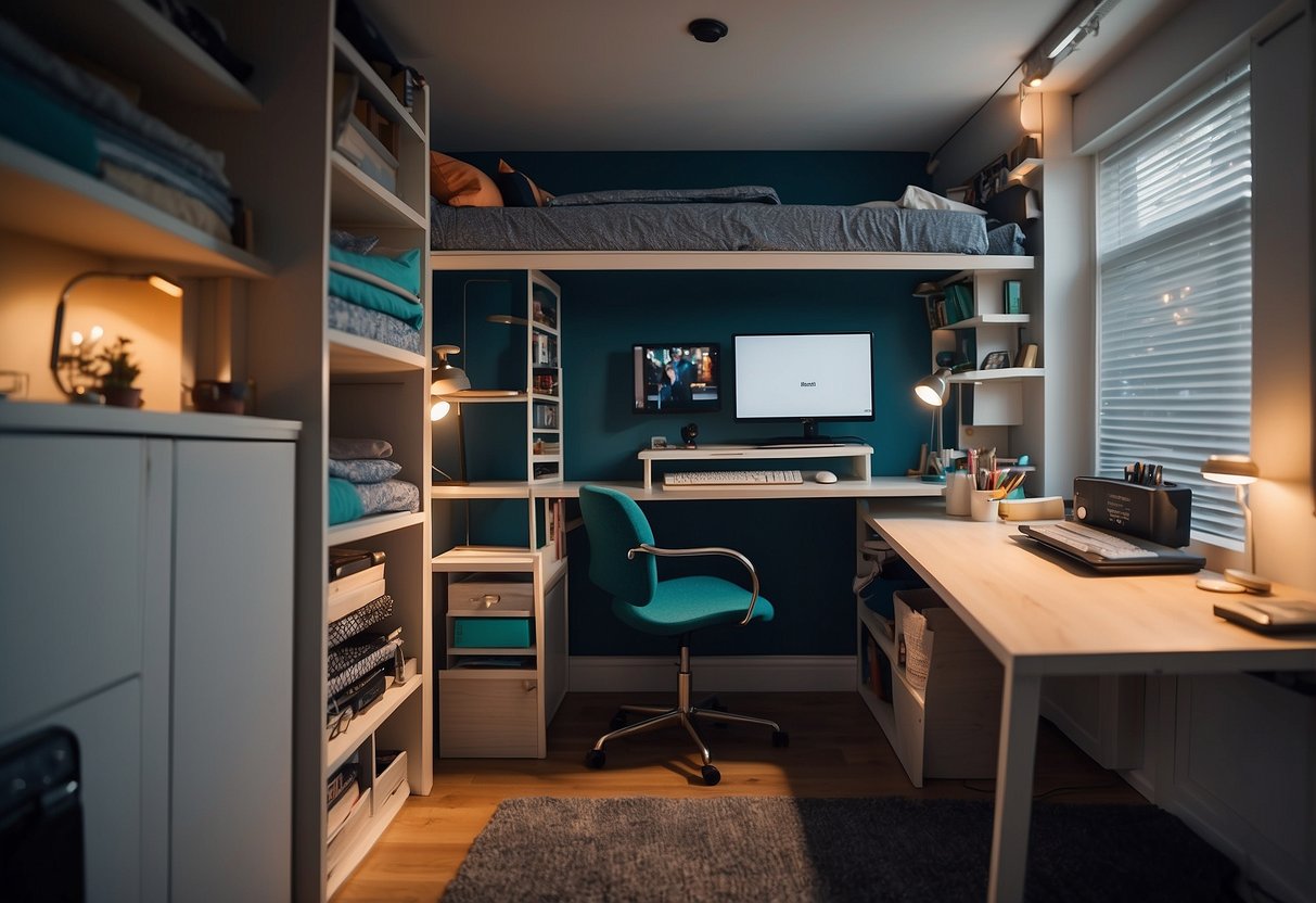 A compact desk and chair, a loft bed with built-in storage, a wall-mounted shelving unit, and a foldable wardrobe in a clutter-free, small teenage bedroom