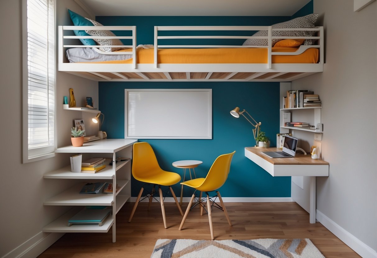 A small bedroom with a loft bed, built-in storage, and a fold-out desk. Bright colors and multi-functional furniture create a spacious and organized feel