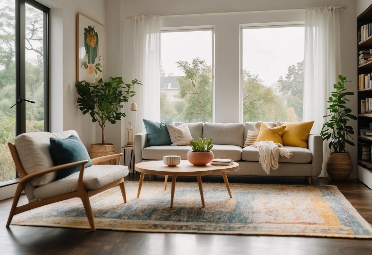 A bright, modern living room with a cozy couch, sleek coffee table, and stylish bookshelf. A large window lets in plenty of natural light, and a colorful rug ties the room together
