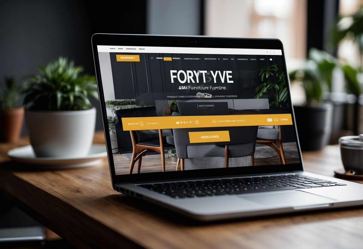 A laptop displaying the "Forty Two Furniture" website with a section labeled "Discount Codes." A hand reaching for a coupon code with a pair of scissors nearby
