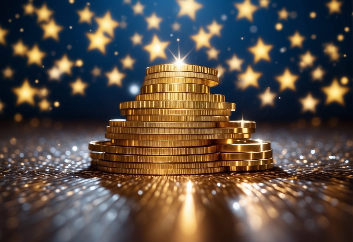 A bright spotlight shines on a stack of discount codes surrounded by sparkling stars and dollar signs. The codes are arranged in a tempting display, inviting customers to take advantage of exclusive deals and savings opportunities