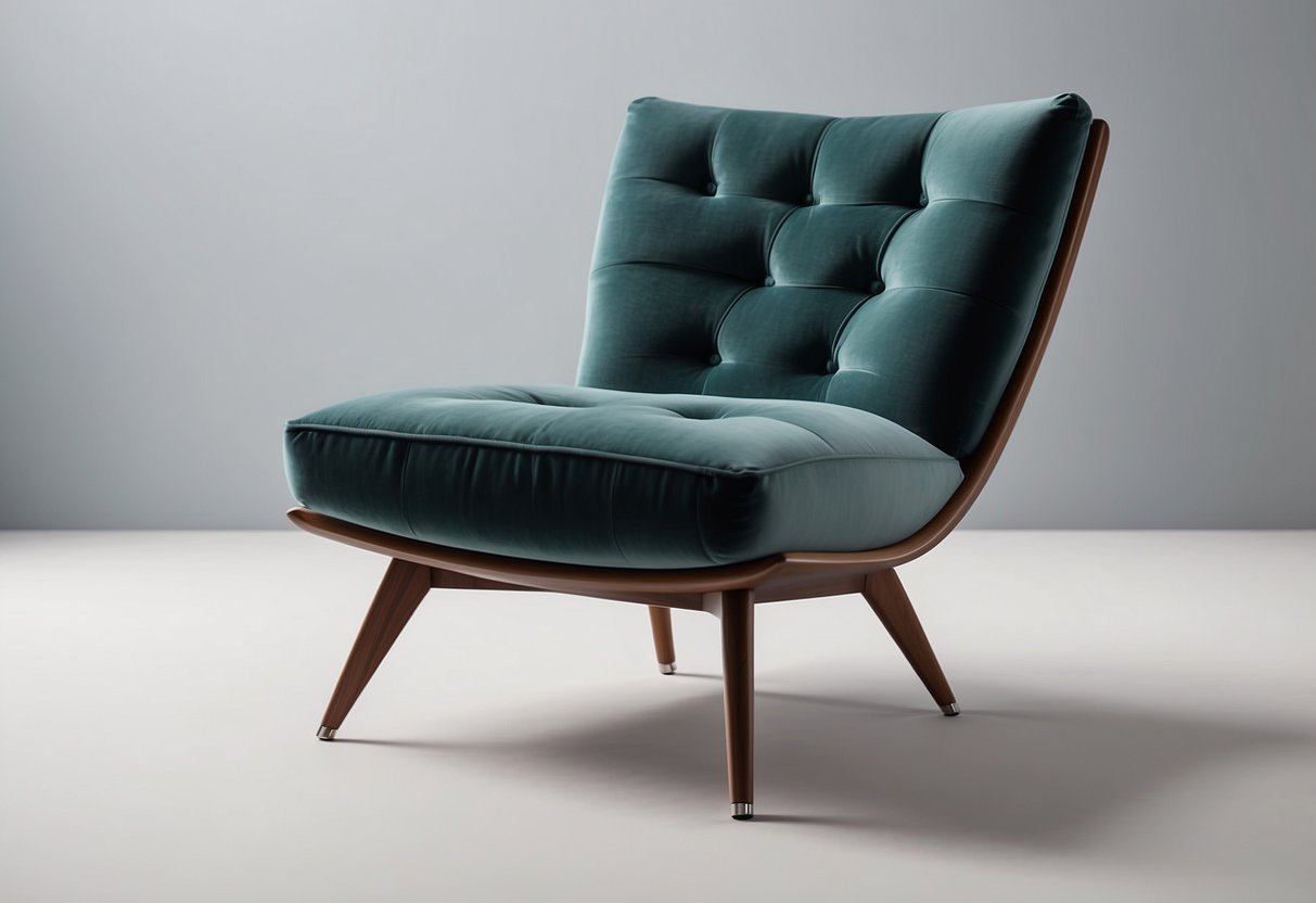 A sleek, modern chair with curved wooden legs and a plush, tufted cushion. A minimalist side table with clean lines and a glossy finish