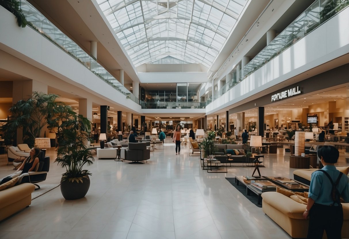 The furniture mall is bustling with activity during opening hours, with customers browsing through the various showrooms and sales staff assisting them