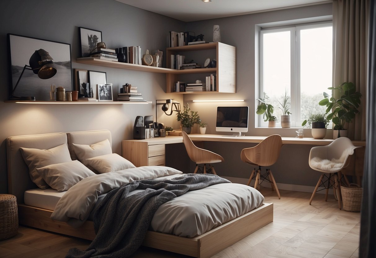 A small bedroom with stylish teenage furniture and decor, featuring a cozy bed, functional storage solutions, and trendy accents