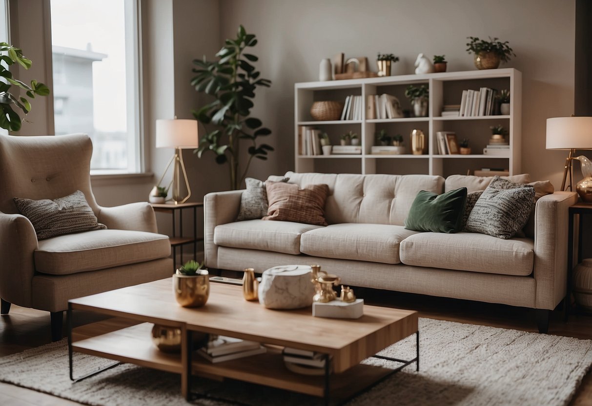 A cozy living room with a modern wooden coffee table, a plush sofa, and a decorative bookshelf filled with stylish home decor items