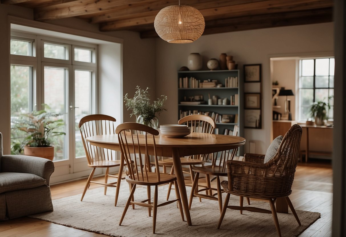 A cozy living room with a vintage ercol dining set, featuring a solid wood table and chairs with distinctive spindle back designs