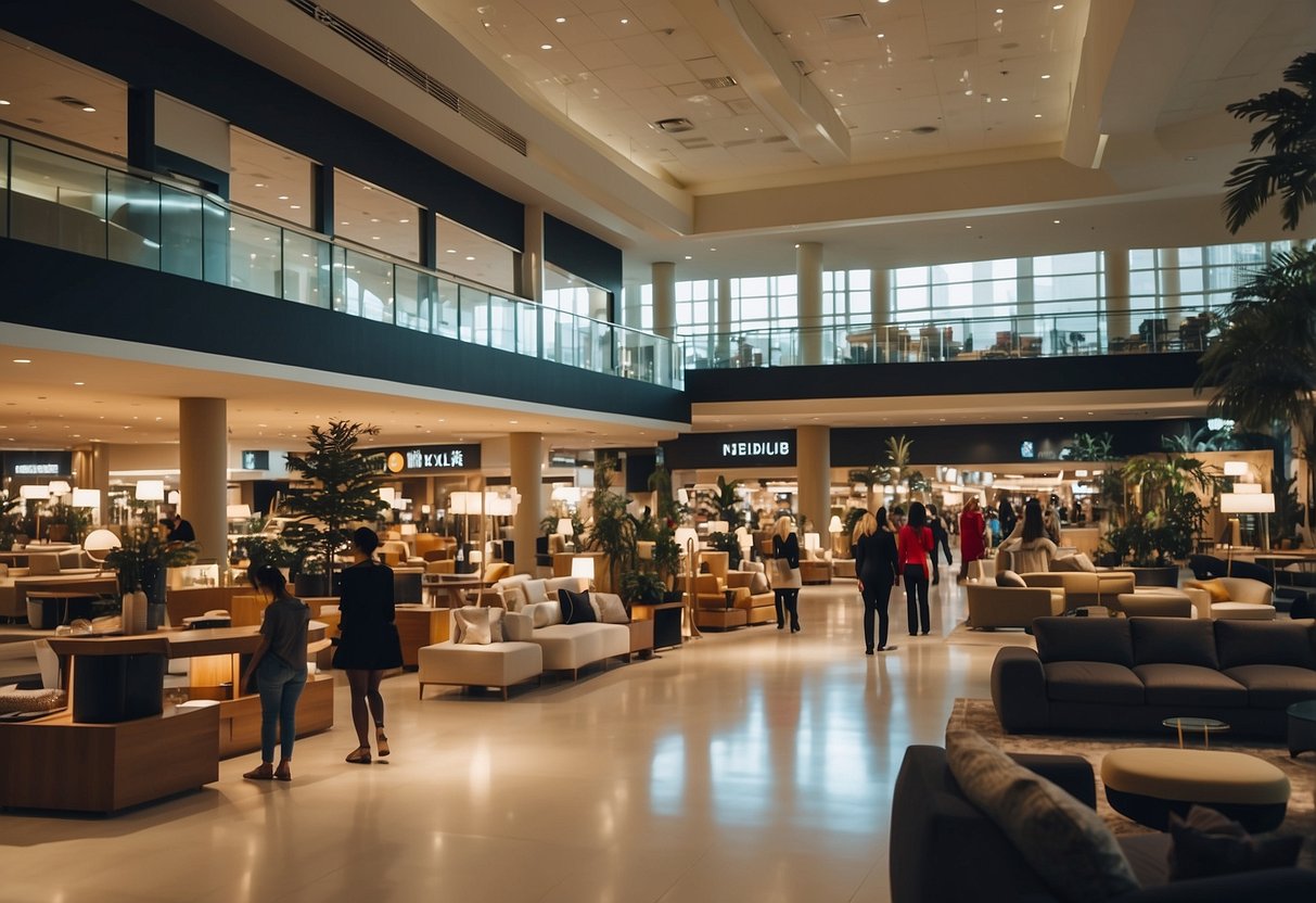 The furniture mall is bustling with shoppers during its opening hours, with bright lights illuminating the spacious interior and various furniture displays