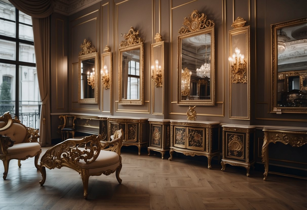 A timeline of French furniture, from ornate Baroque to sleek Art Deco, displayed in a gallery setting with accompanying plaques