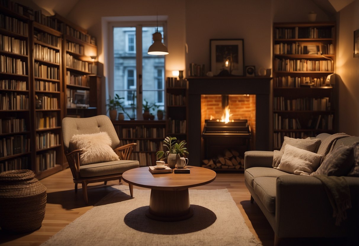 A cozy living room with a vintage Ercol armchair and coffee table, surrounded by warm lighting and a bookshelf filled with old books
