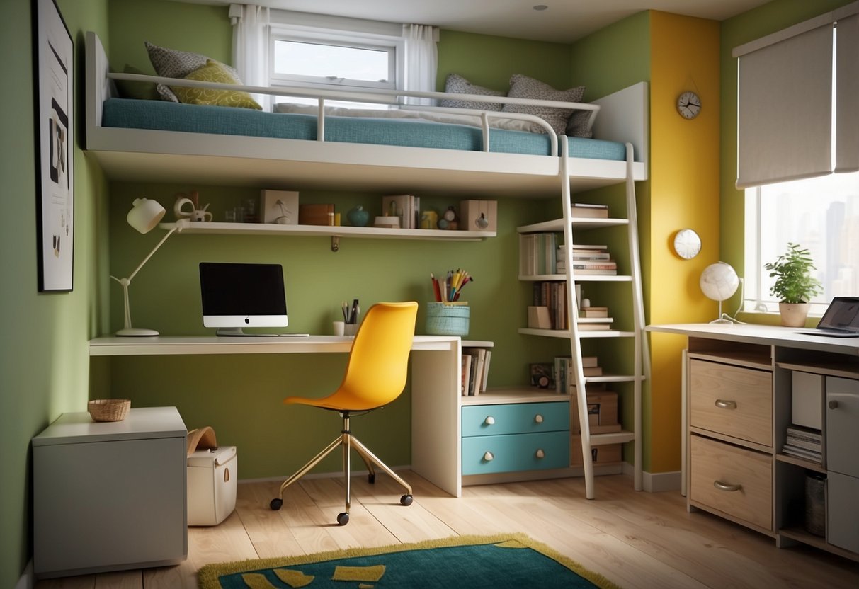 A small room with a loft bed, compact desk, and storage units. Bright colors and functional design create a cozy and organized space