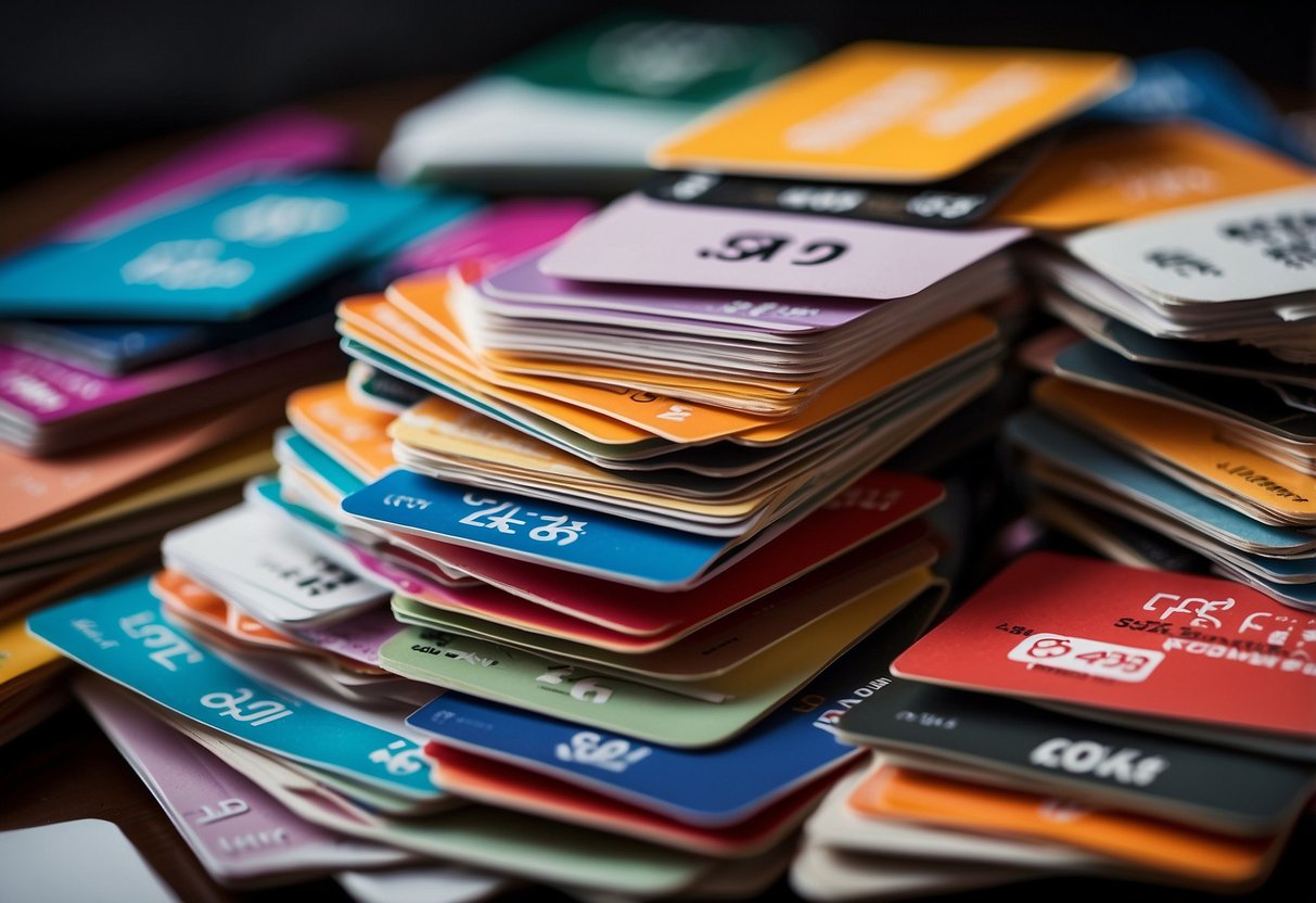 A stack of colorful discount code cards with "Frequently Asked Questions" and "forty two" printed on them, surrounded by various furniture items