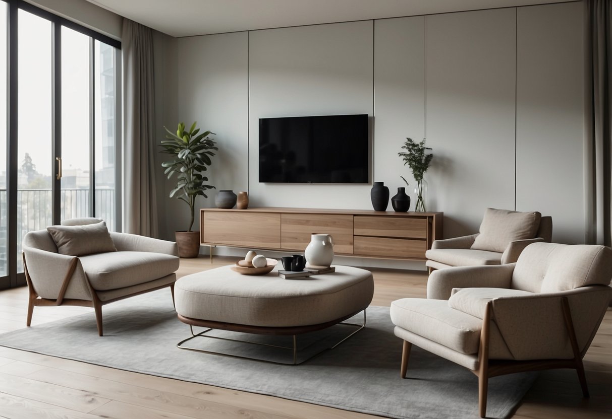 A sleek, minimalist living room with French design furniture. Clean lines, neutral colors, and high-quality materials create a sophisticated atmosphere
