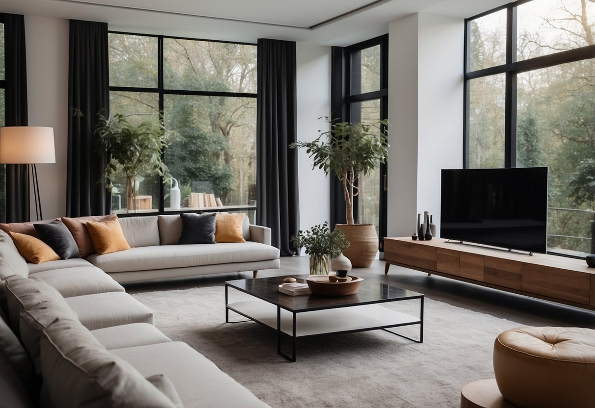 A modern living room with sleek, minimalist French design furniture arranged in a stylish and functional layout