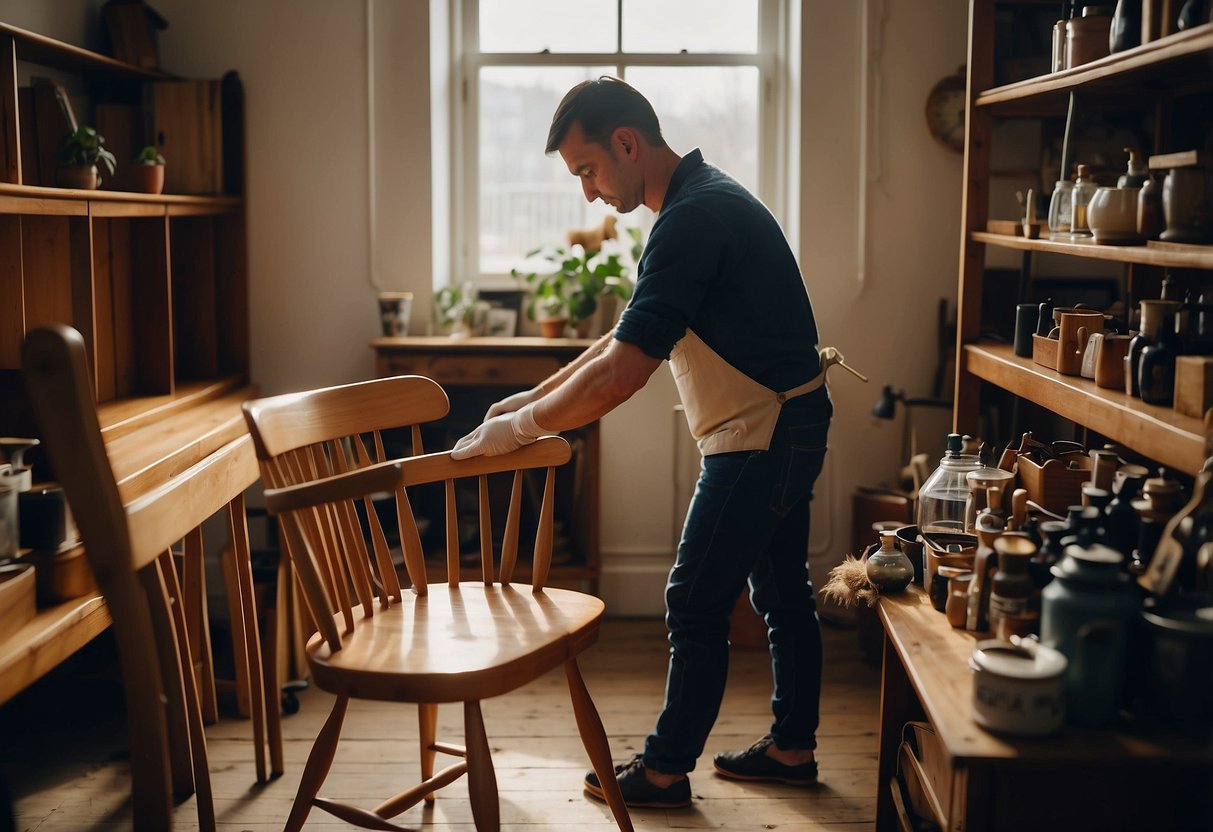 A person carefully cleans and polishes a vintage Ercol chair, surrounded by a collection of other Ercol furniture pieces in a well-lit room
