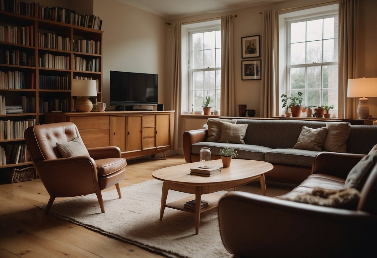 A cozy living room with a collection of vintage ercol furniture, including a classic Windsor chair, a stylish coffee table, and a sleek sideboard. The room is bathed in warm natural light, with a bookshelf filled with retro design books in