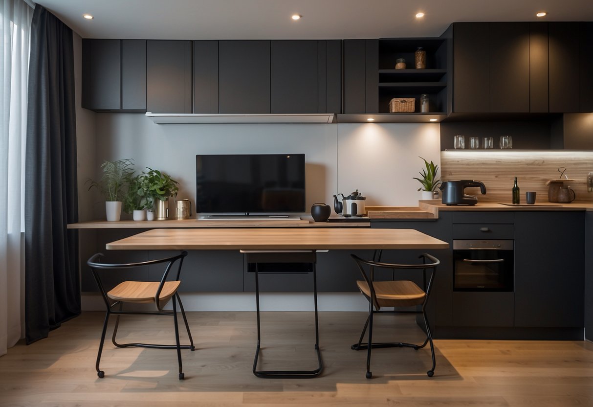 A compact Singapore apartment with foldable tables, wall-mounted shelves, and hidden storage solutions. Efficient use of space with multi-functional furniture