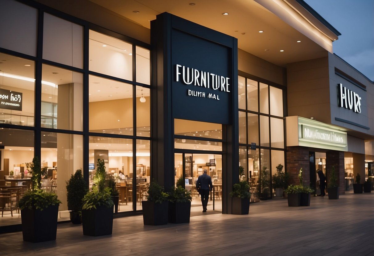 The furniture mall's entrance sign displays the opening hours. Shoppers walk in and out, while staff members arrange displays inside