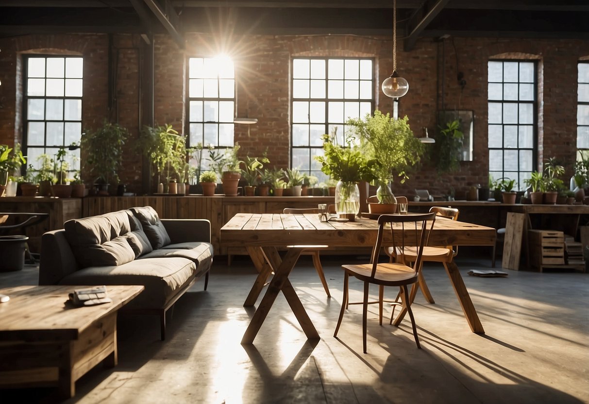 Reclaimed furniture and lighting fill a bright, airy space, showcasing the essence of upcycling in a modern, stylish setting