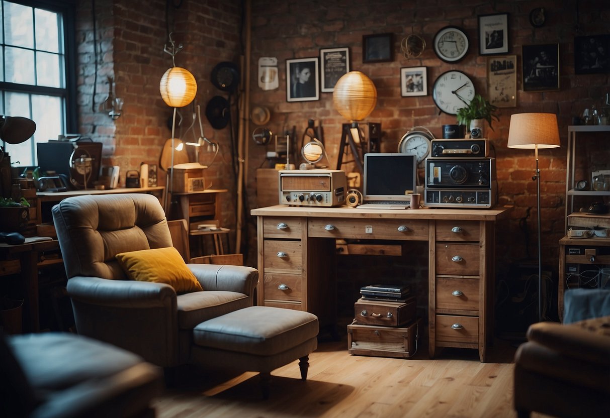 A room filled with upcycled furniture and lighting, showcasing the creativity of the upcyclist