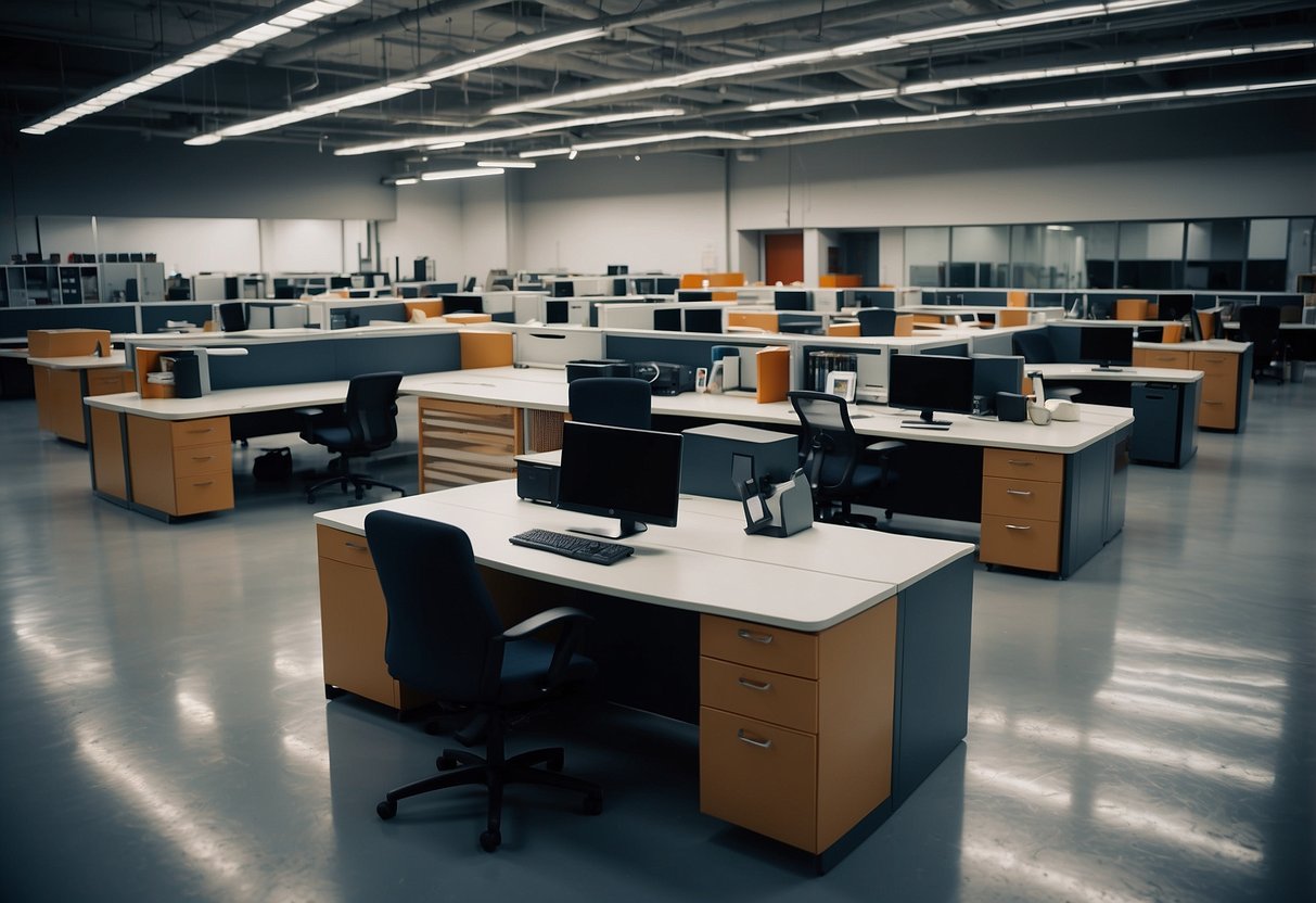 Various used office furniture items arranged for sale in a spacious, well-lit showroom