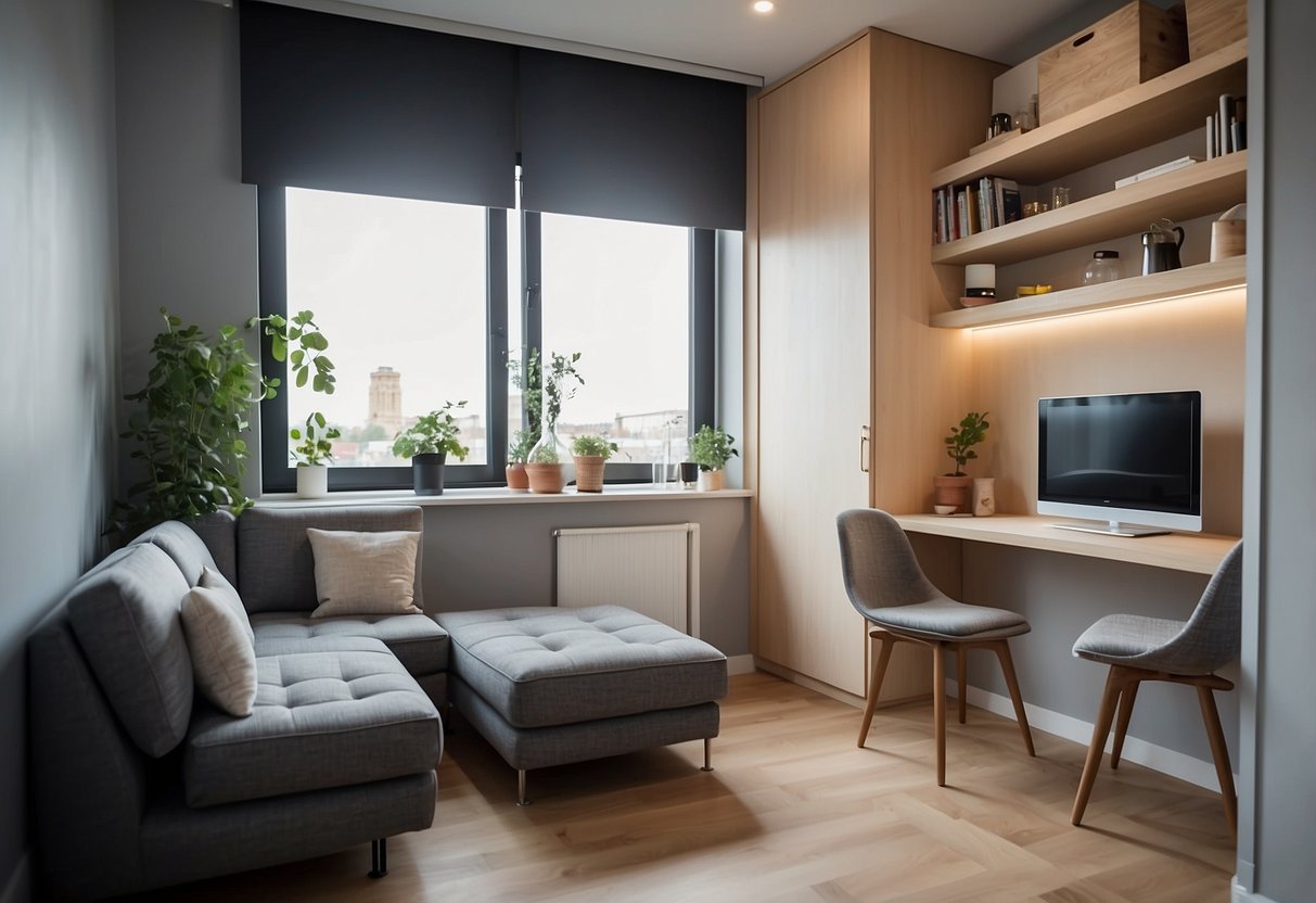 A small apartment with a fold-out wall bed, convertible dining table, and multi-functional storage ottoman
