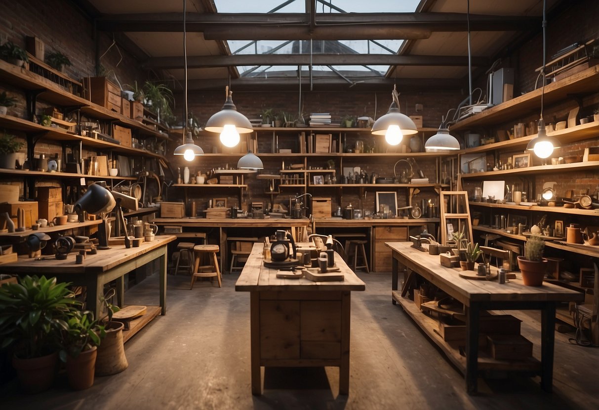 A workshop filled with upcycled furniture, lighting, and interior pieces. Various materials and tools scattered around. Display shelves showcase unique creations