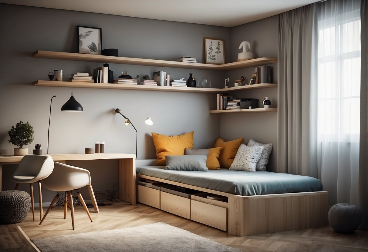 A small room with convertible furniture, shelves, and hidden storage solutions. Bright, minimalist design with clean lines and multi-functional pieces