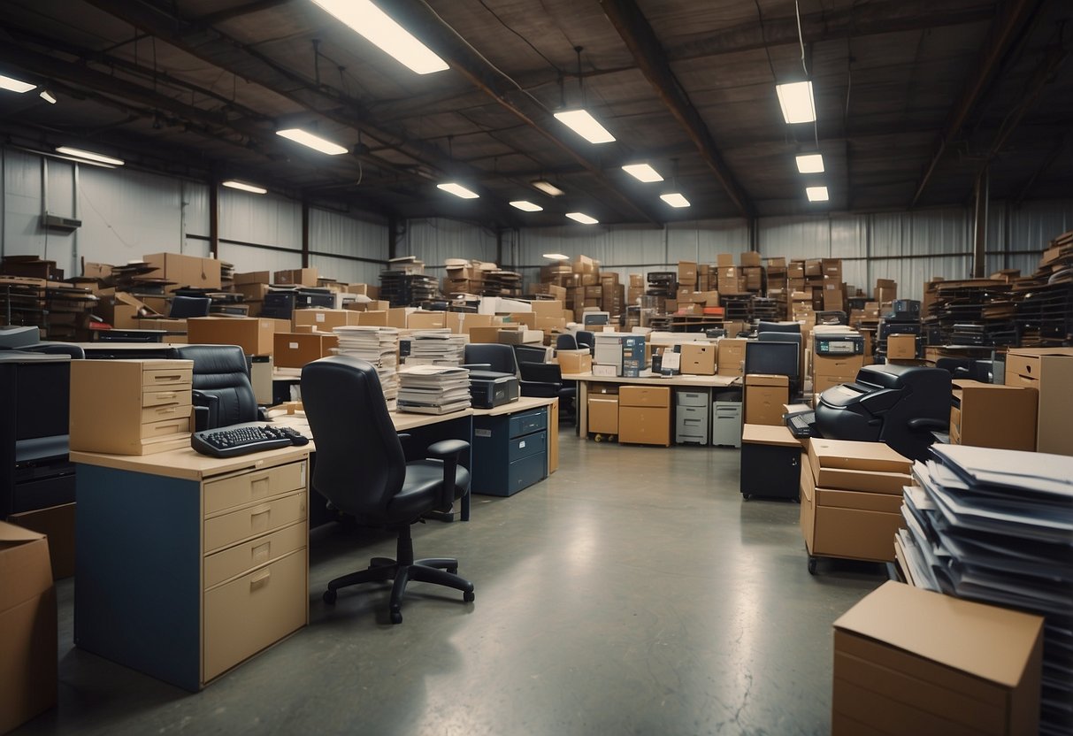 A cluttered warehouse filled with rows of various used office furniture for sale. Desks, chairs, and filing cabinets are stacked haphazardly, waiting to be explored