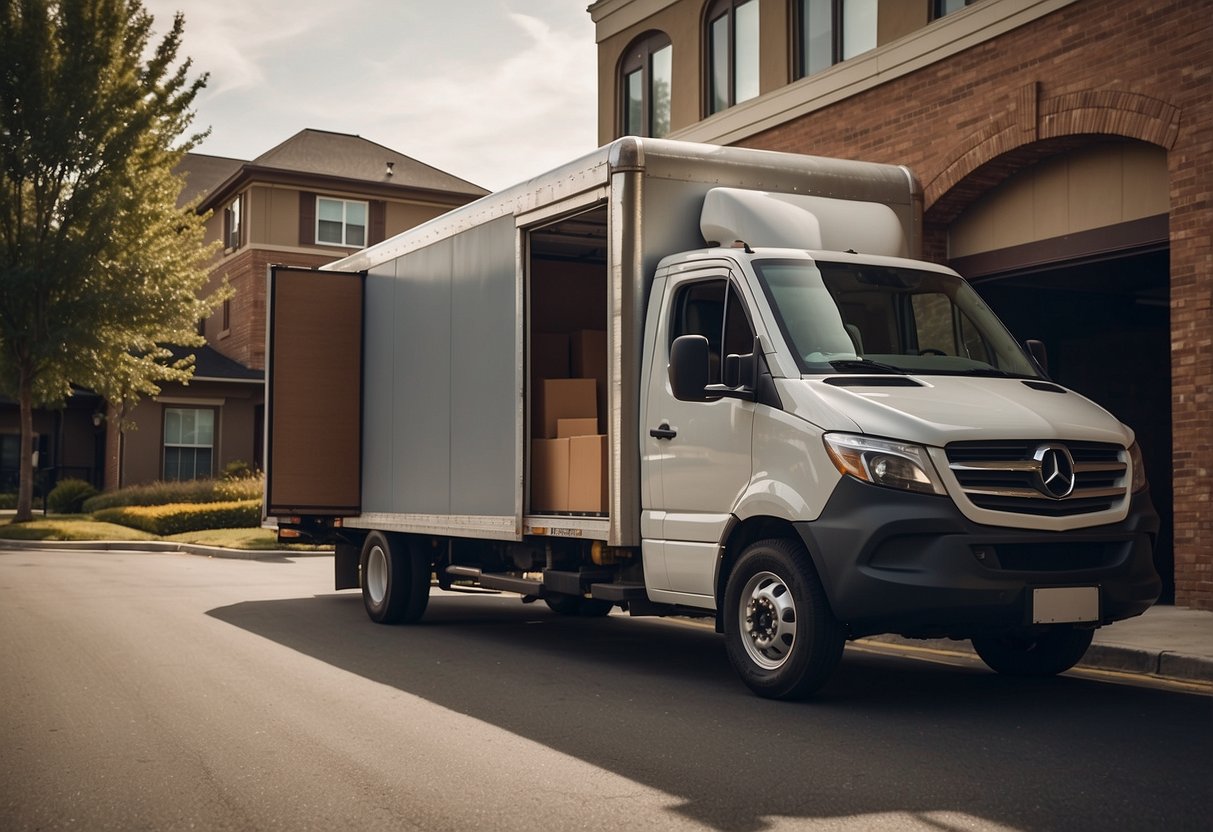A delivery truck unloading furniture at a customer's doorstep. An app logo is visible on the truck