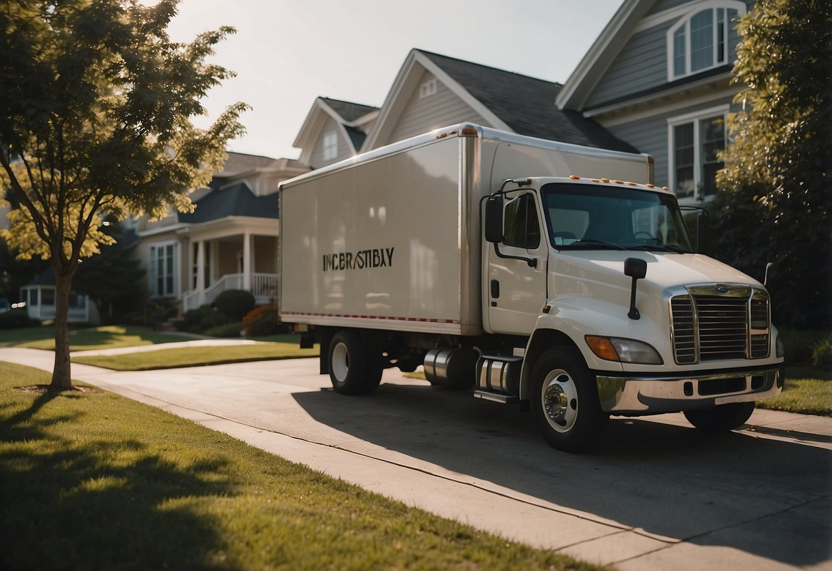 A delivery truck pulls up to a house, while a person receives a notification on their phone. The delivery driver unloads furniture and scans a barcode, updating the app