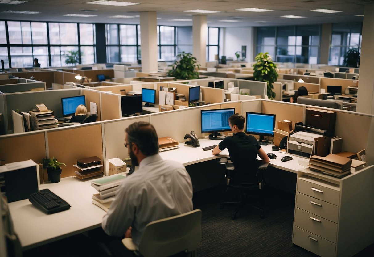 A busy office with people browsing through various used furniture items and reading buying guides