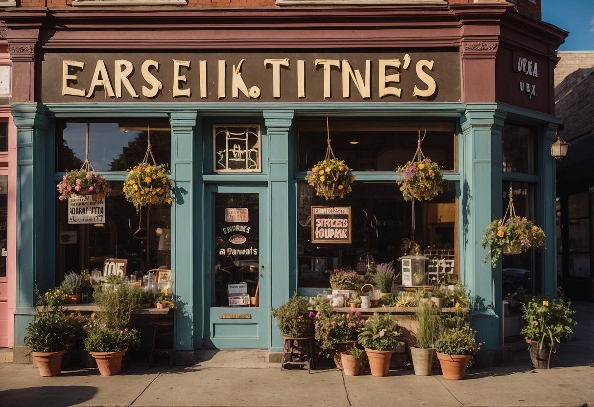 The quaint storefront of Earnestine & Hazel’s, with a vintage sign and colorful window displays, exudes a cozy and inviting atmosphere