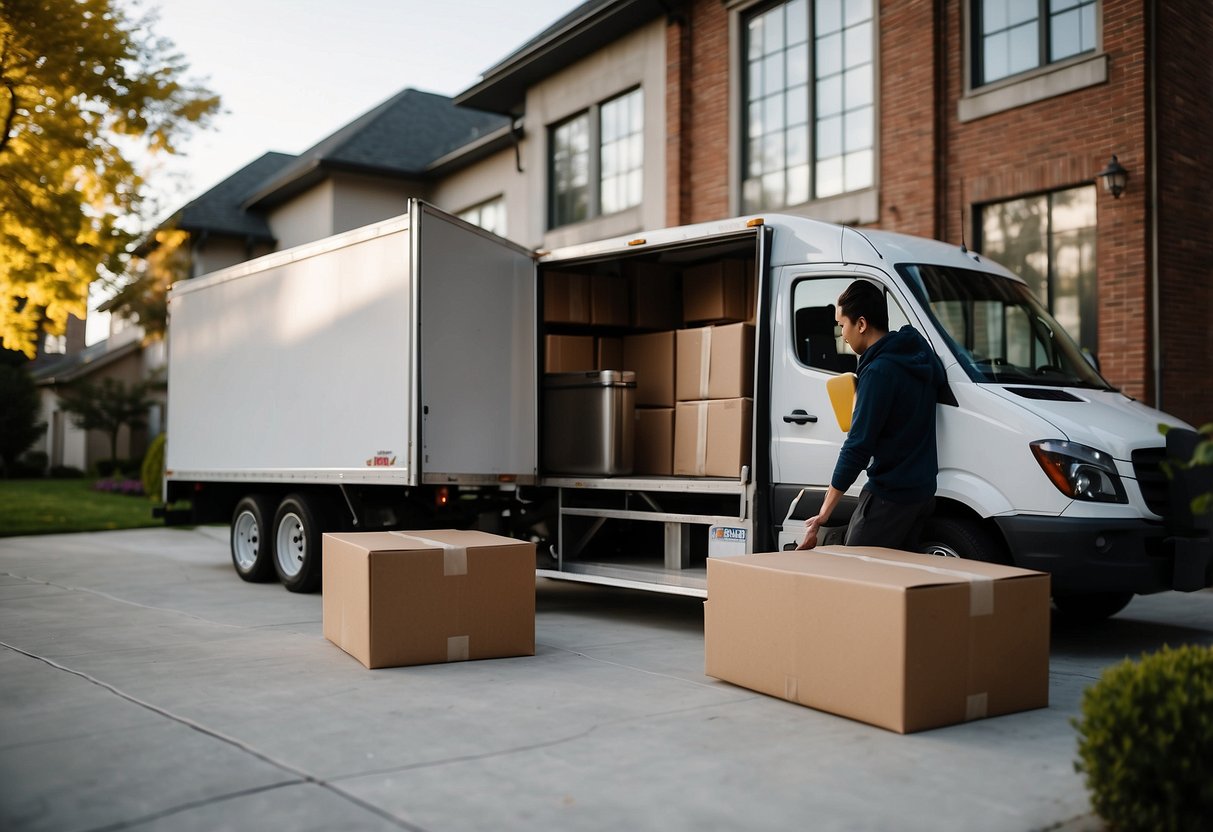 A delivery truck parked outside a modern home, with a delivery person unloading sleek furniture pieces onto the front porch