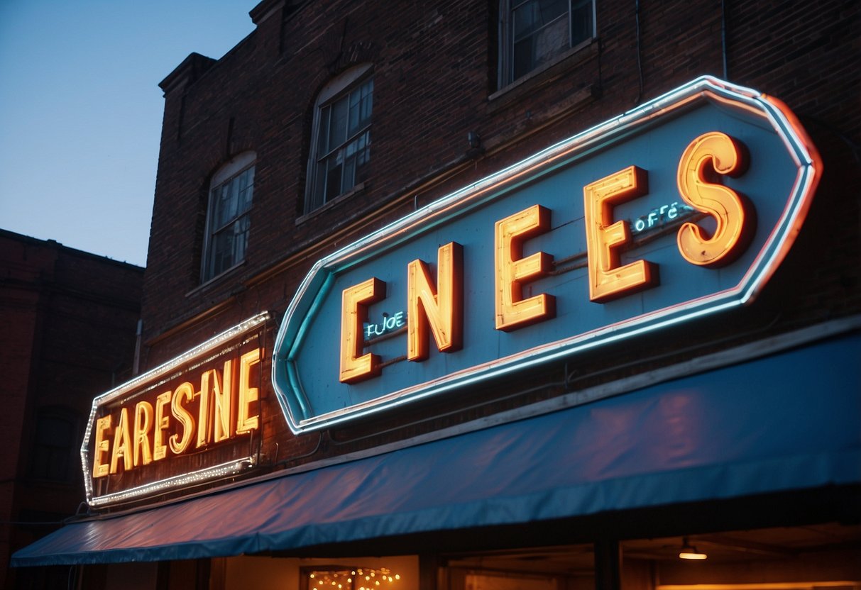 The iconic neon sign of Earnestine & Hazel’s glows against the backdrop of a historic building, evoking the spirit of Memphis blues and soul