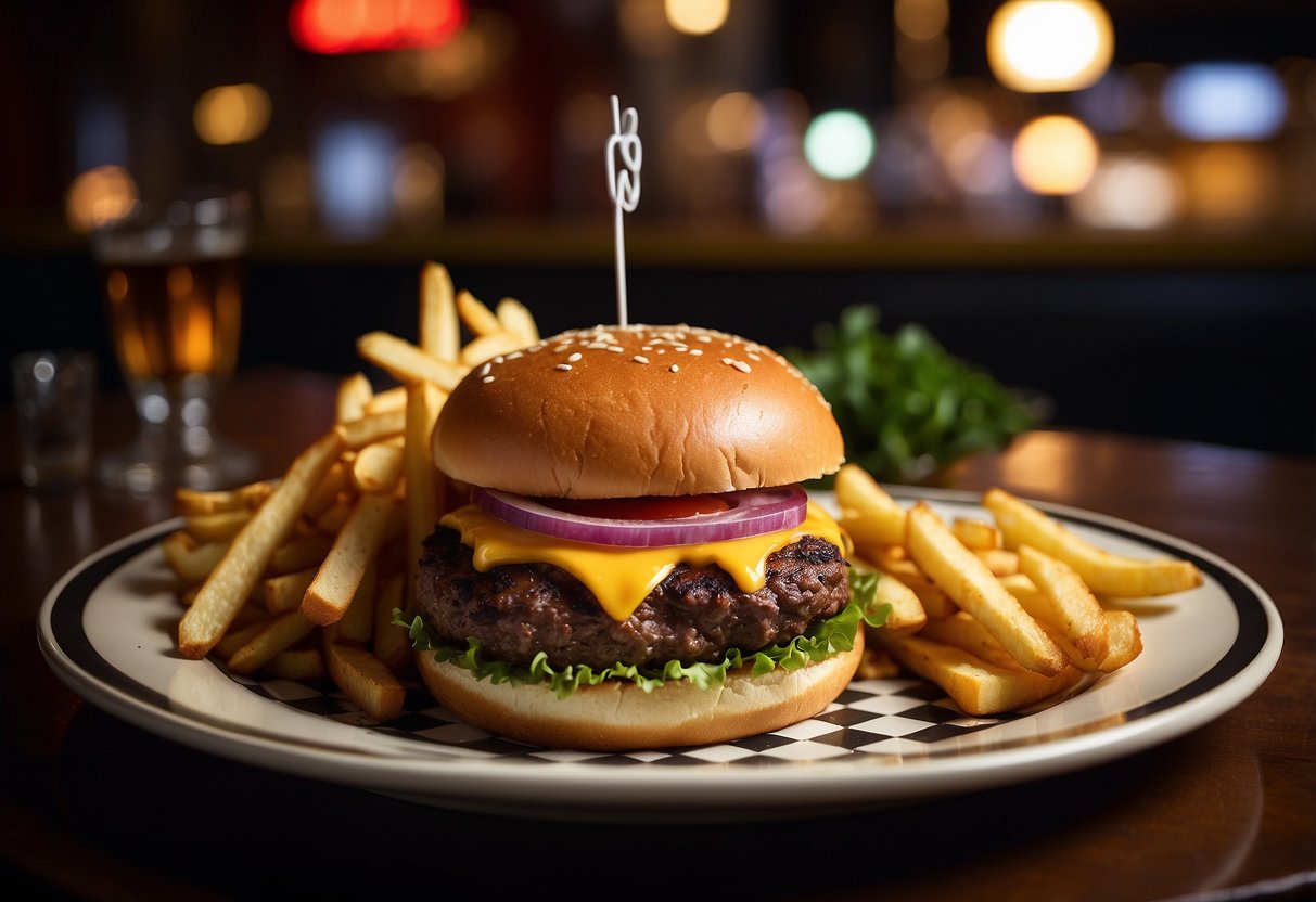 A sizzling Soul Burger sits on a checkered plate at Earnestine & Hazel’s, surrounded by vintage decor and dimly lit ambiance