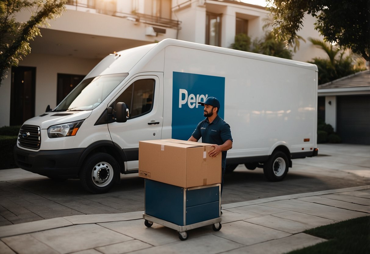 A delivery truck parked outside a modern home, a delivery person unloading a sleek, branded box from the back. The app logo prominently displayed on the box