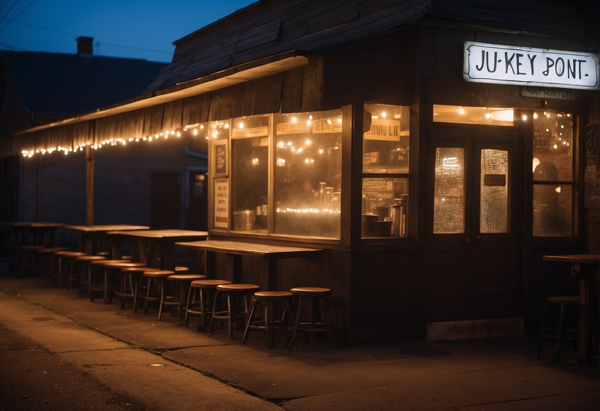 The dimly lit juke joint is filled with the sound of soulful music and the aroma of sizzling soul food, creating a lively and nostalgic atmosphere