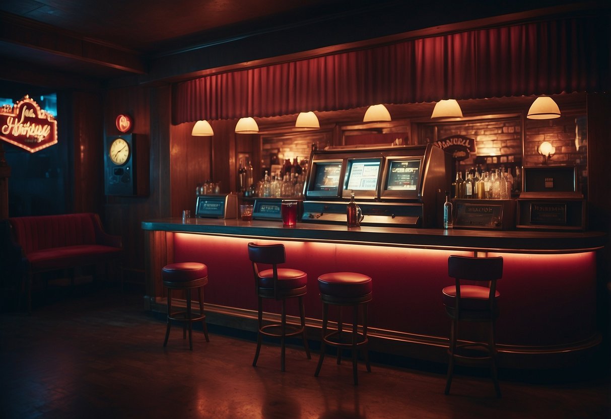 A dimly lit bar with vintage decor, red velvet curtains, and a jukebox in the corner