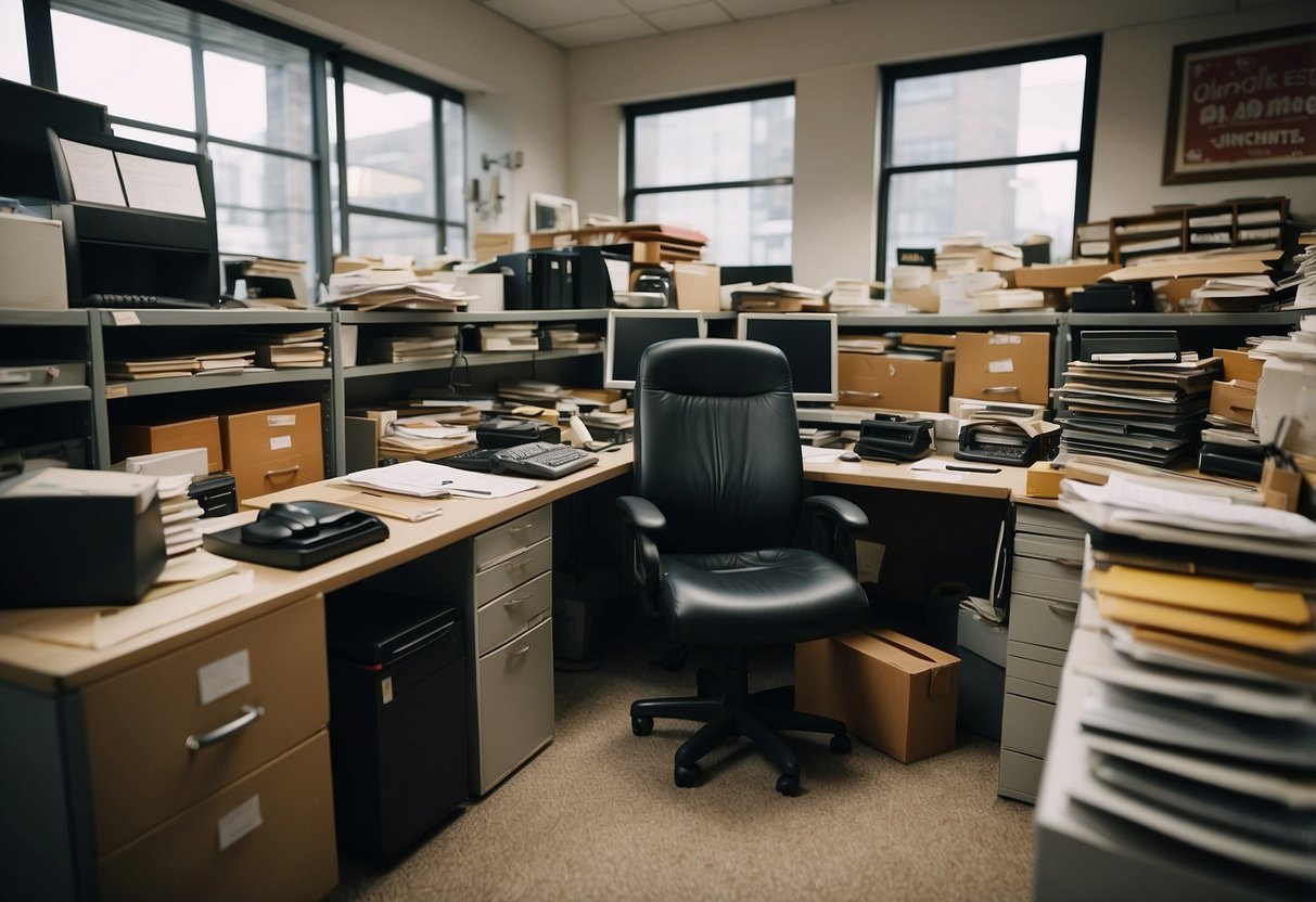 A cluttered office space with various used furniture items for sale, including desks, chairs, and filing cabinets. Signs and price tags are visible