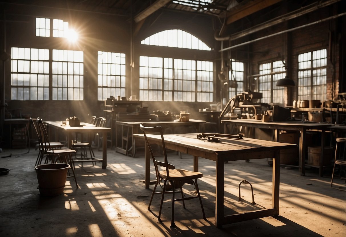 An industrial workshop with aged metal tables, wooden chairs, and rusted tools. Sunlight filters through dusty windows, casting a warm glow on the weathered surfaces