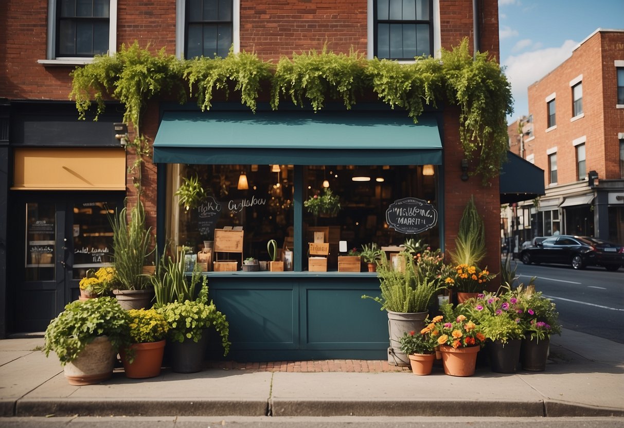 A cozy vintage storefront with a chalkboard sign, hanging plants, and a colorful awning. Customers chat outside the entrance