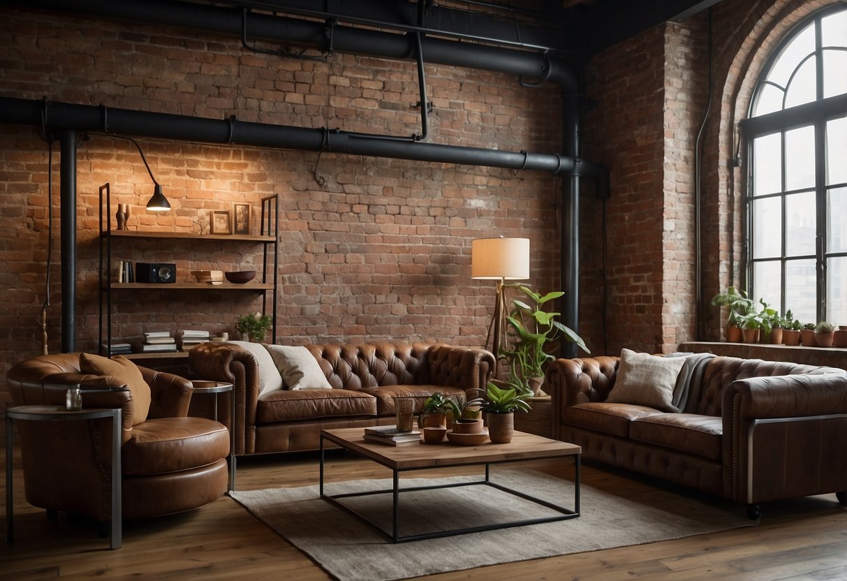 A modern living room with exposed brick walls and large windows. Vintage industrial furniture, such as a metal coffee table and leather sofa, adds a touch of old-world charm to the space