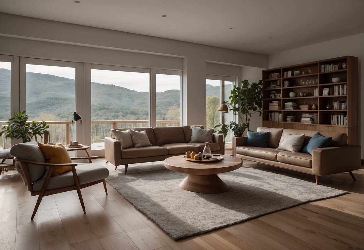 A spacious living room with a cozy sofa, a coffee table, and a bookshelf. A dining area with a table and chairs. A well-lit bedroom with a comfortable bed and bedside tables