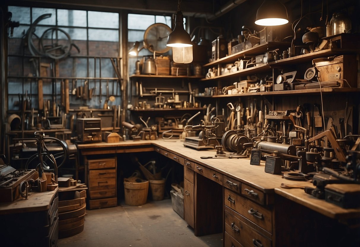 A cluttered workshop with shelves of vintage industrial furniture and tools, a workbench with scattered blueprints, and a sign reading "Frequently Asked Questions."