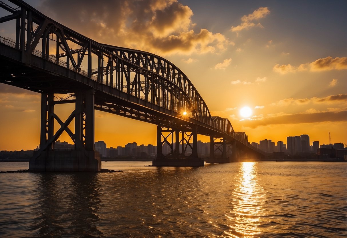 The sun sets over the wide river, casting a golden glow on the steel bridge stretching across the water. The city skyline looms in the distance, creating a dramatic silhouette against the colorful sky